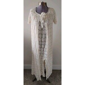 VTG 60s Peignoir Set Gown Robe Lace Sheer Nylon Daisy Hippie Sexy XS See Through